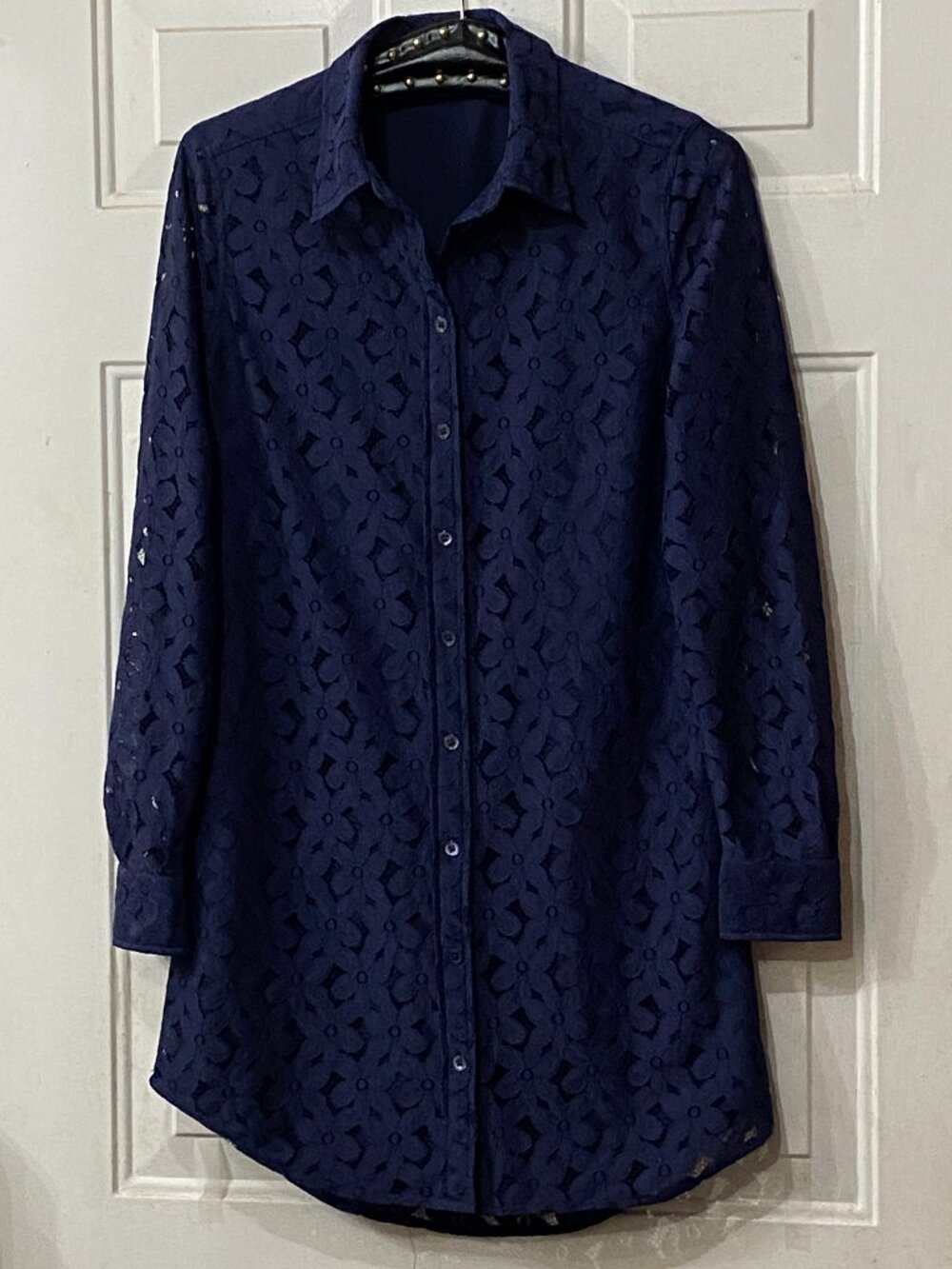 Equipment Femme Sz XS Lace Shirt Dress Button Up Navy Long Sleeve